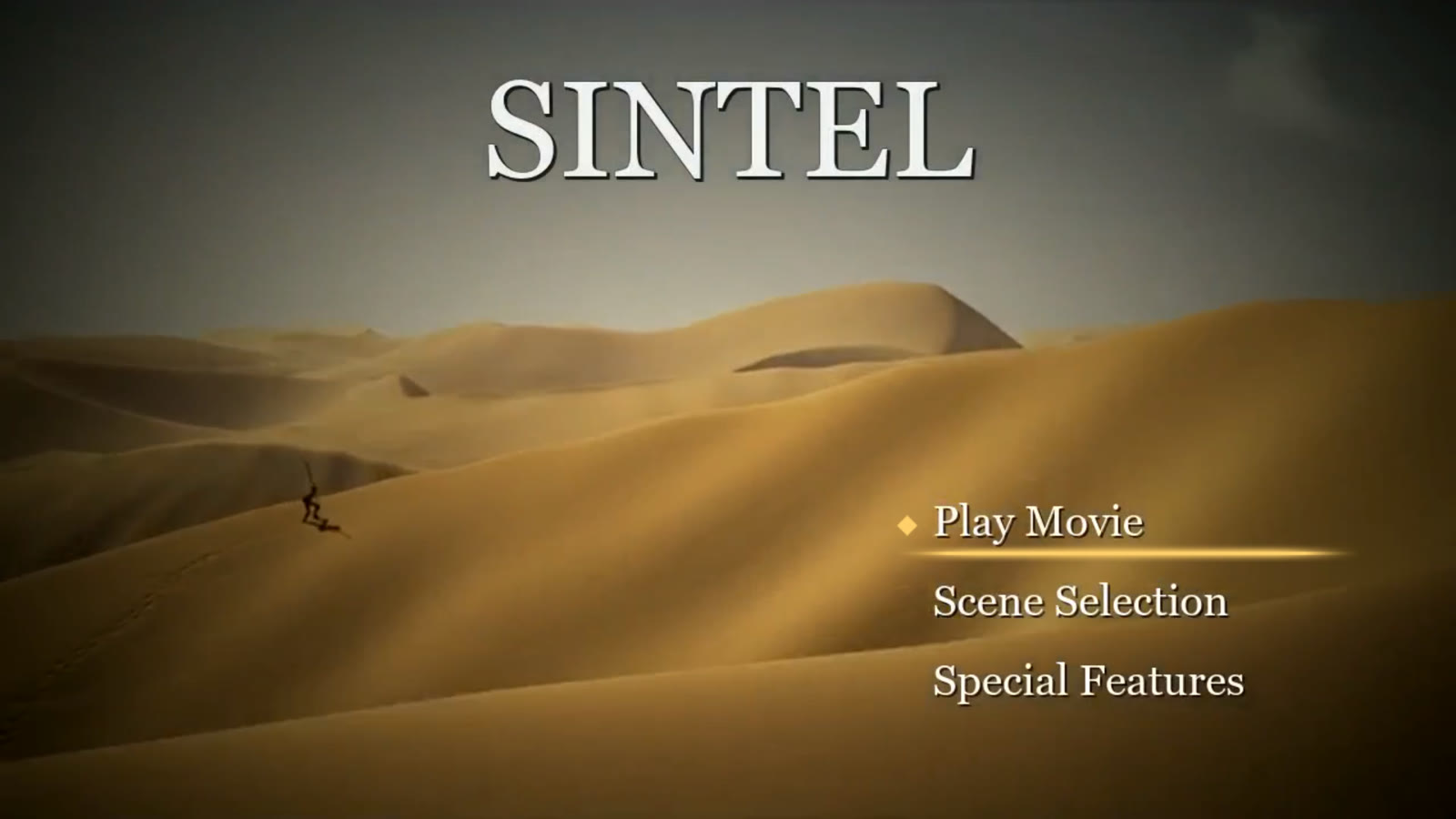 The Sintel main menu on a TV: a desert landscape with the title and the buttons Play Movie, Scene Selection and Special Features